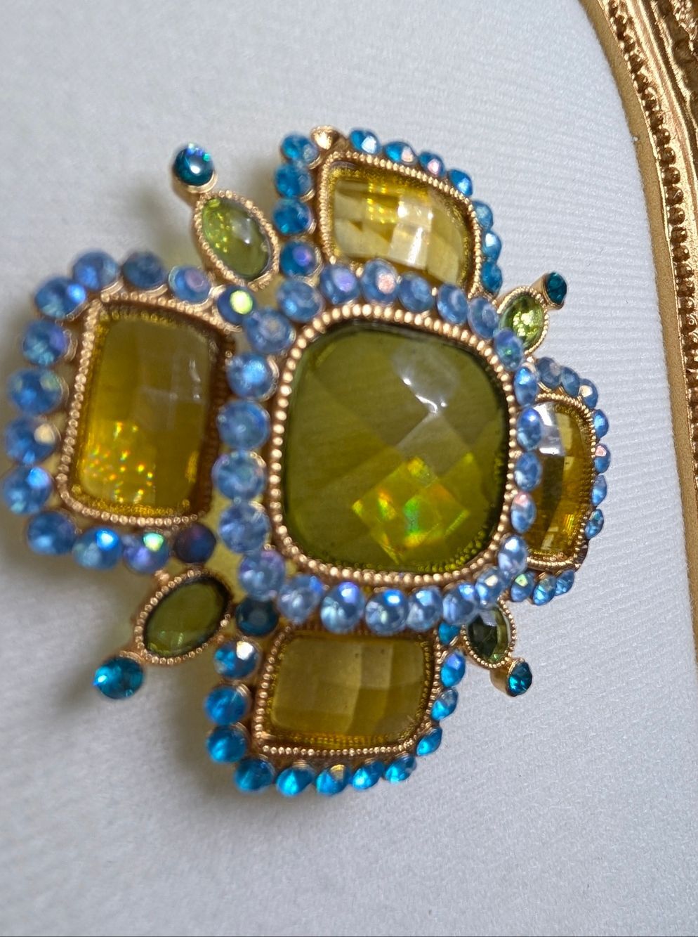 Gold Blue Rhinestone Statement Brooch Large Green Glass Cabochon Pin Glam Gift - Picture 4 of 7